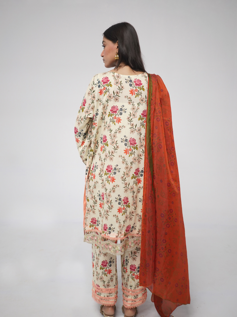 Cream Floral Printed Stitched 3-Piece Suit