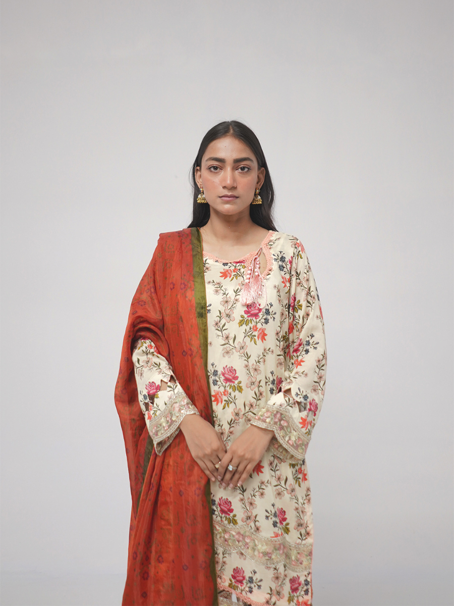 Cream Floral Printed Stitched 3-Piece Suit