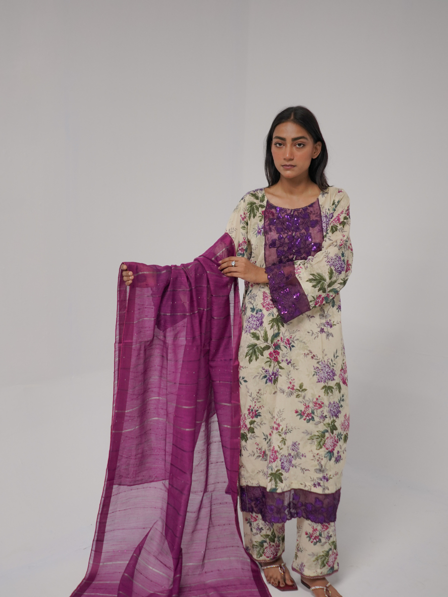 Floral Purple & Cream Stitched 3-Piece Set