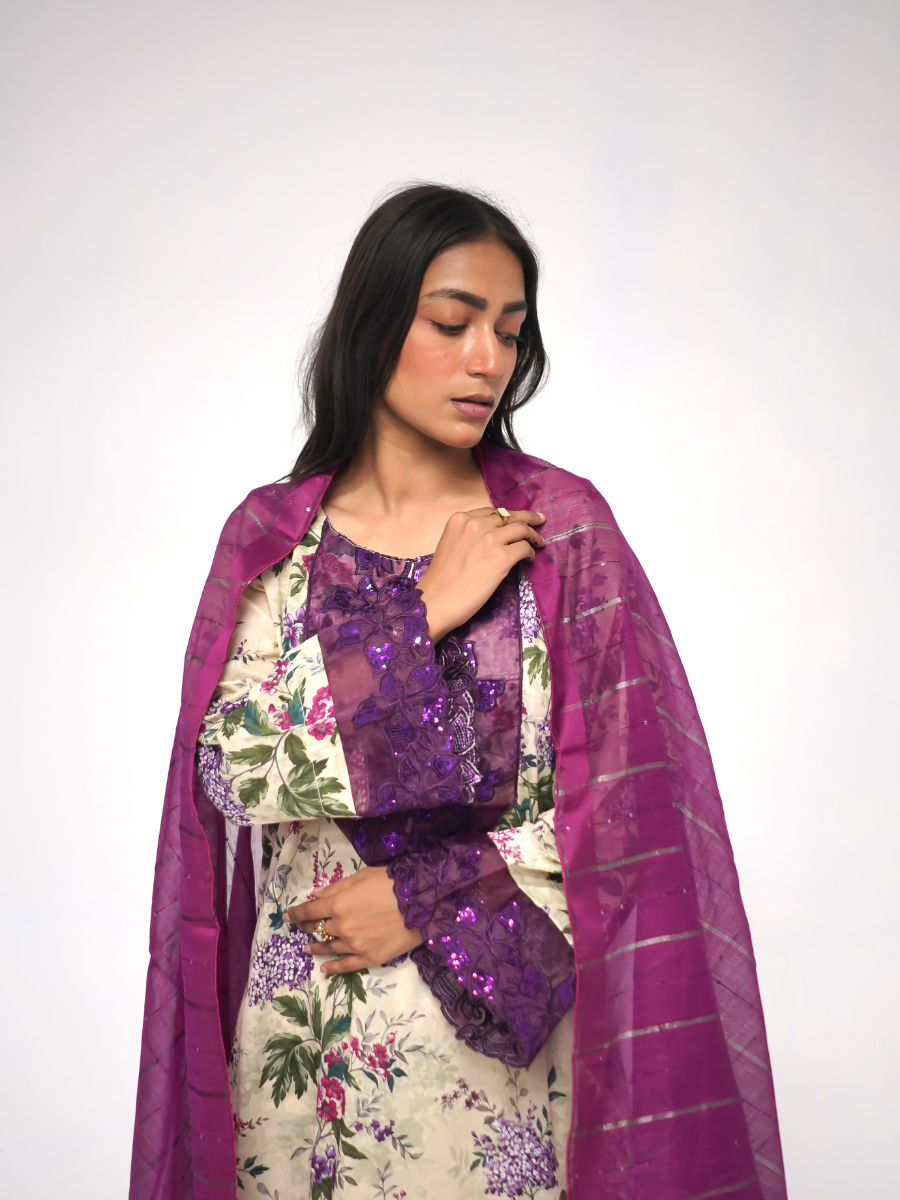 Floral Purple & Cream Stitched 3-Piece Set