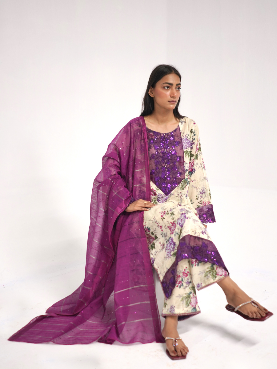 Floral Purple & Cream Stitched 3-Piece Set