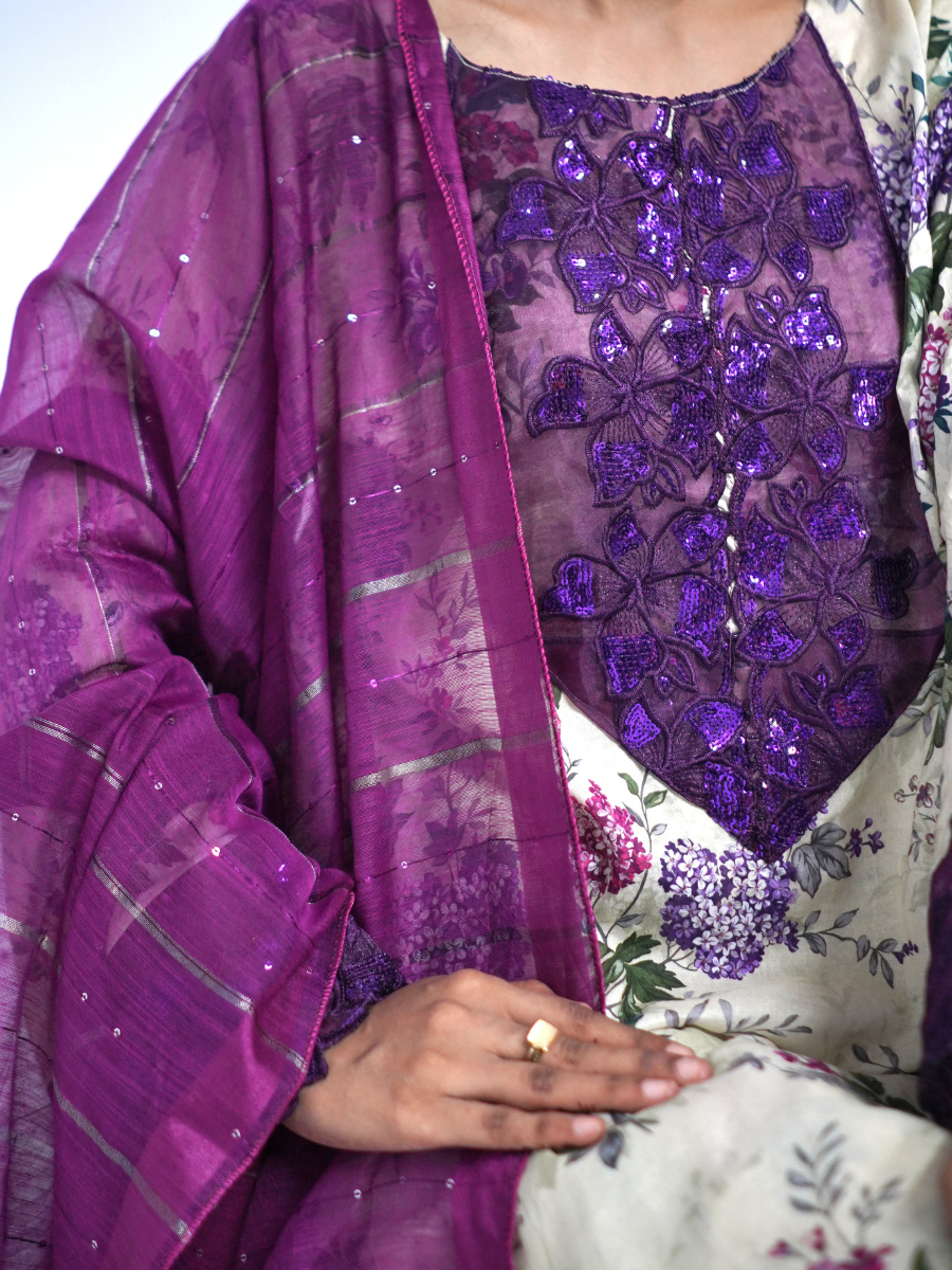 Floral Purple & Cream Stitched 3-Piece Set