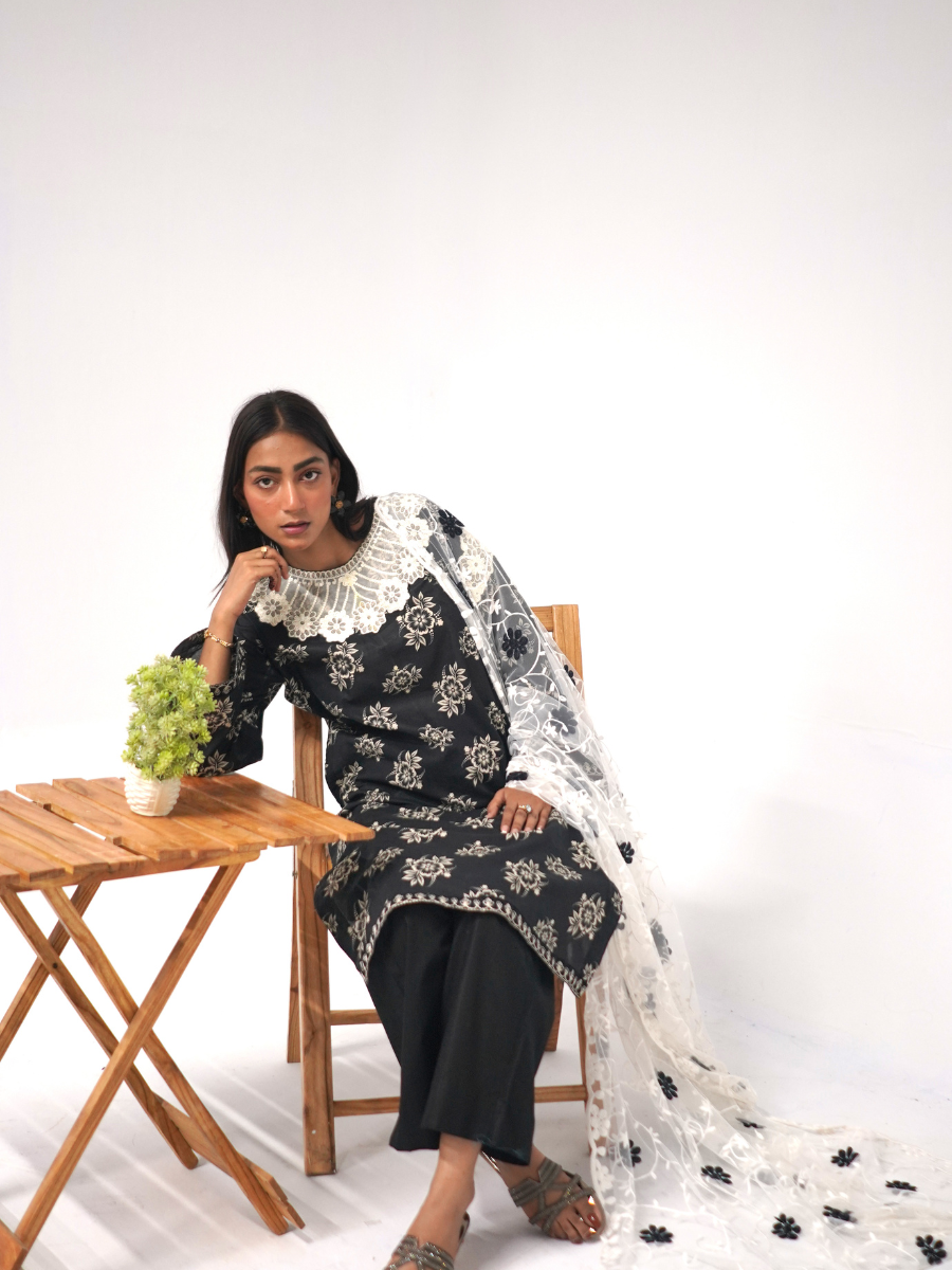 Elegant Black Embroidered Stitched Three-Piece Set