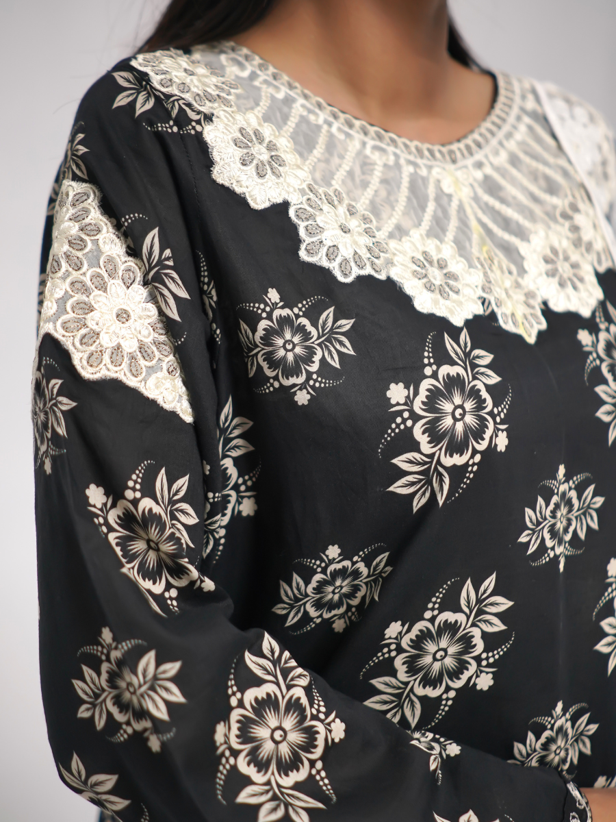 Elegant Black Embroidered Stitched Three-Piece Set