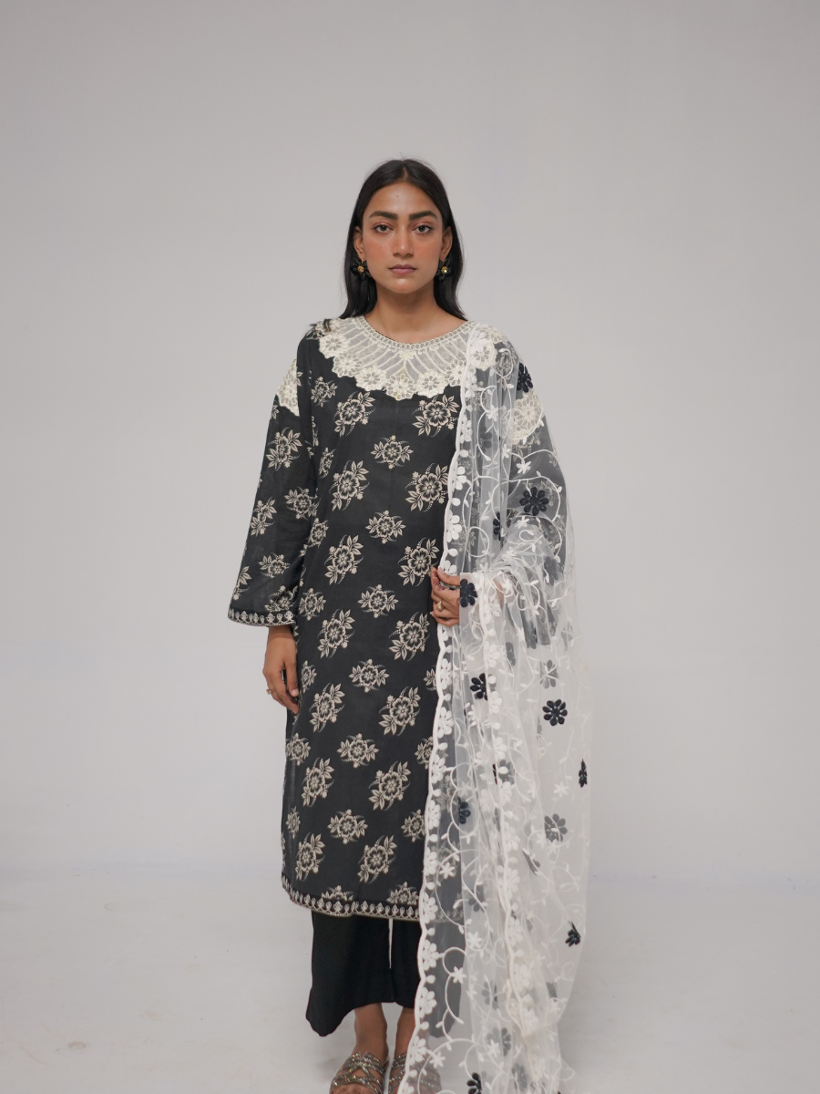 Elegant Black Embroidered Stitched Three-Piece Set