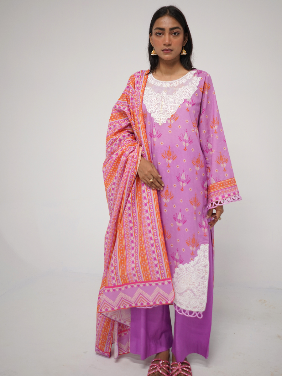 Pink Printed Embroidered Stitched 3-Piece Set