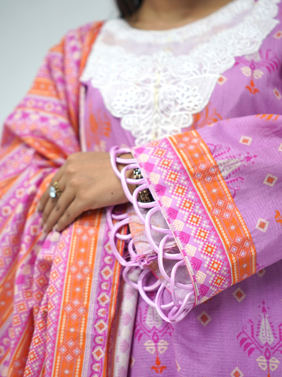 Pink Printed Embroidered Stitched 3-Piece Set