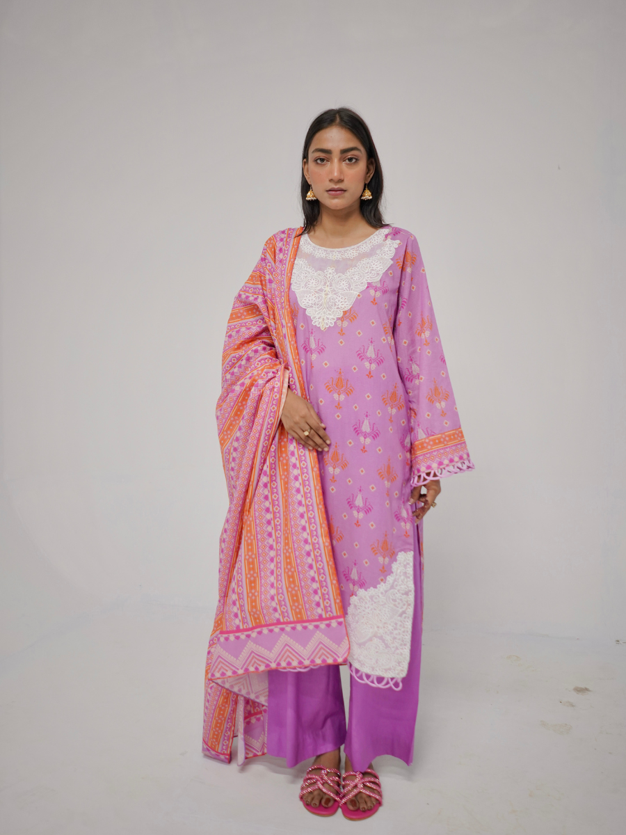 Pink Printed Embroidered Stitched 3-Piece Set