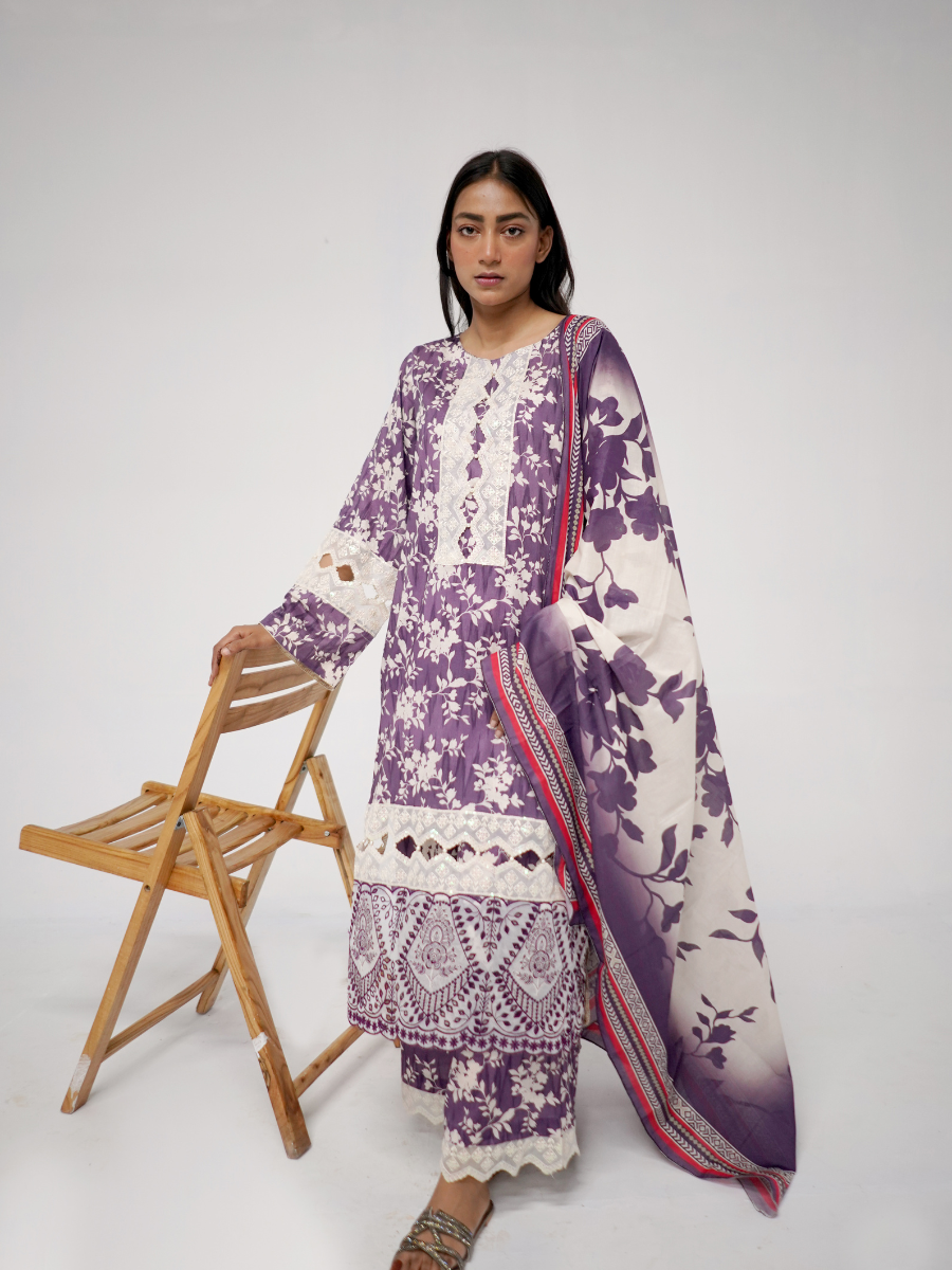 Purple Floral Embroidered Stitched 3-Piece Set
