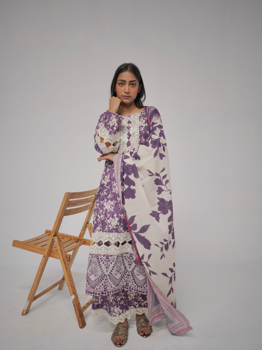 Purple Floral Embroidered Stitched 3-Piece Set